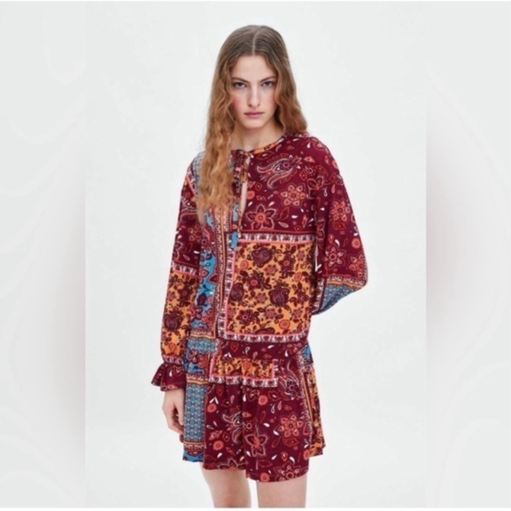 Zara Women's Multicolor Paisley Patchwork Boho Swing Dress NWT M #940